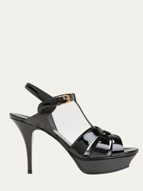 YSL Saint Laurent Tribute Patent T-Strap Platform Sandals Black 38